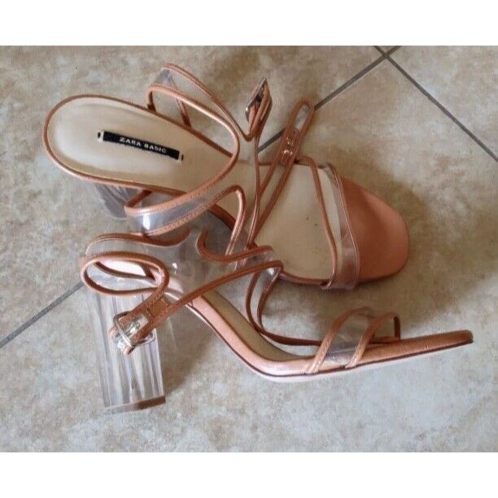 Women's ZARA Basic Collection Clear Vinyl Tan Sandals EUR Sz 41 Length 10.5"